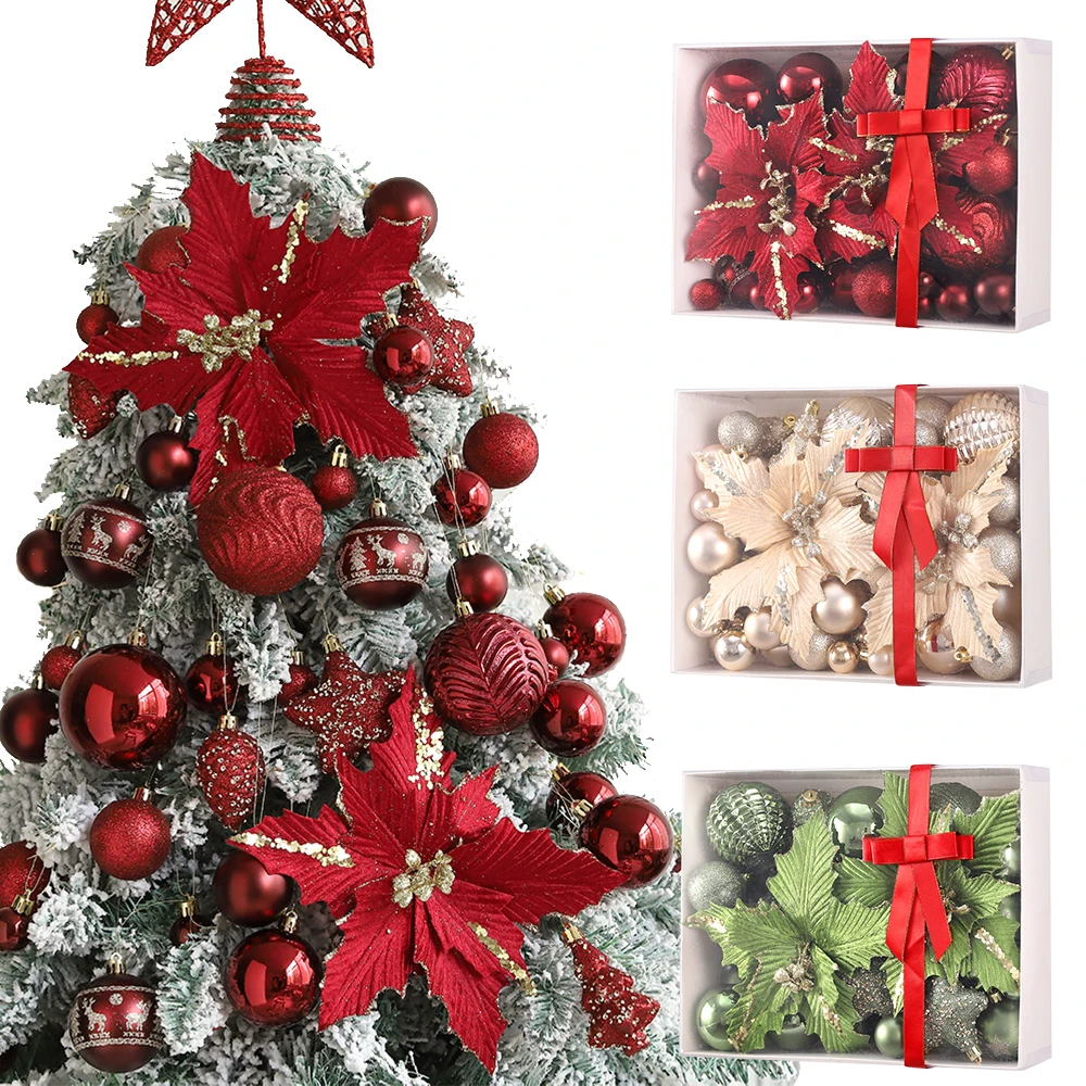 53pcs Christmas Ball Ornament Wine Red Green Champagne Ball Artificial Christmas Flower Xmas Tree Hanging Decor Home NewYear Sup