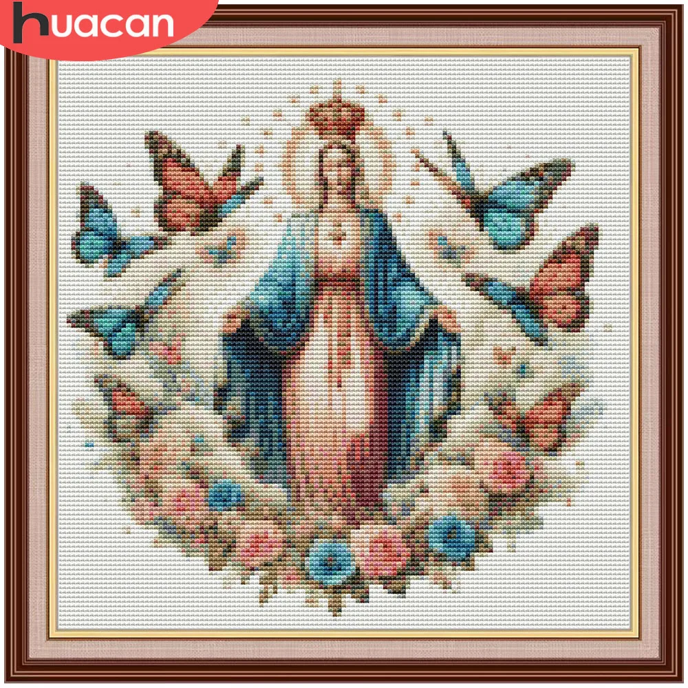 Kits de broderie HUACAN, portrait religieux de la Vierge Marie, 11CT, fil DMC, broderie à la main, rose, papillon, fleur, ensembles de point de croix