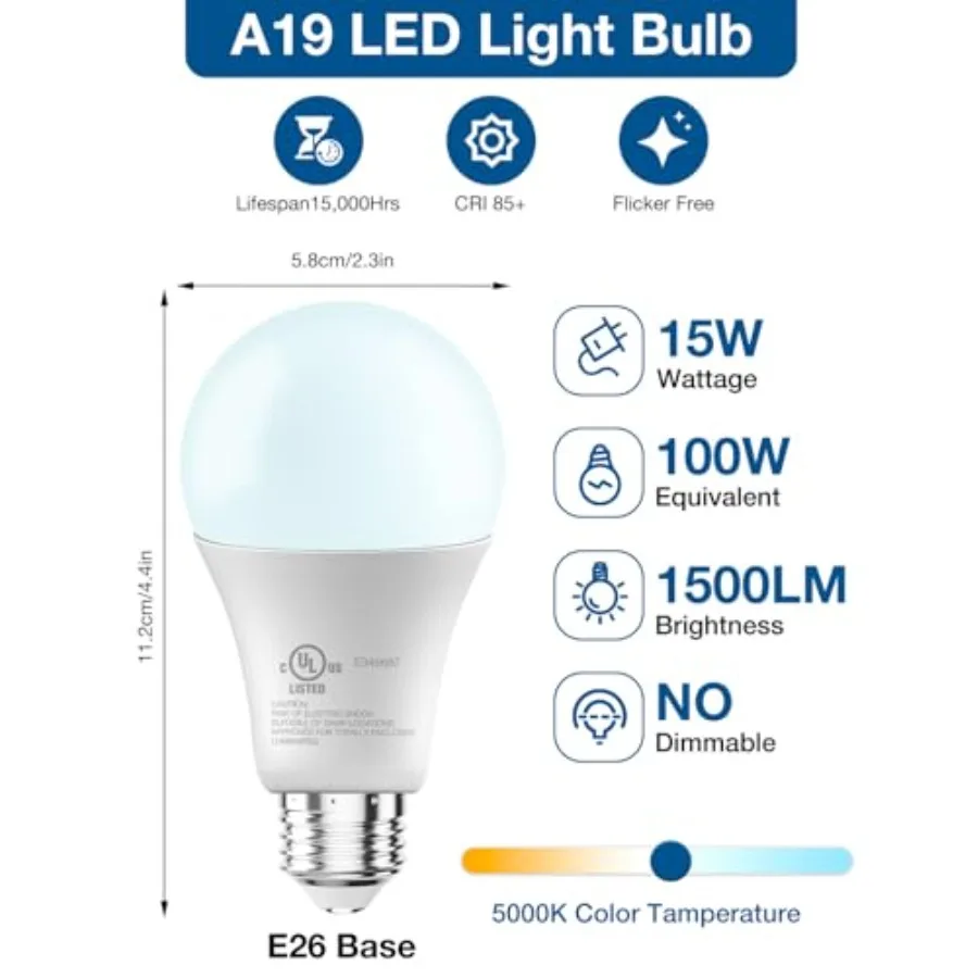 LED Light Bulbs, A19 5000K Daylight Light Bulbs 100 Watt Equivalent, 1500LM Bright White Light Bulbs, E26 Standard Base, Non-Di - view 3