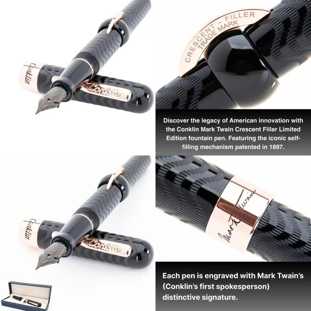 

18K Rose Gold Trimmed Flex Nib Fountain Pen in Black Chase - Mark Twain Crescent