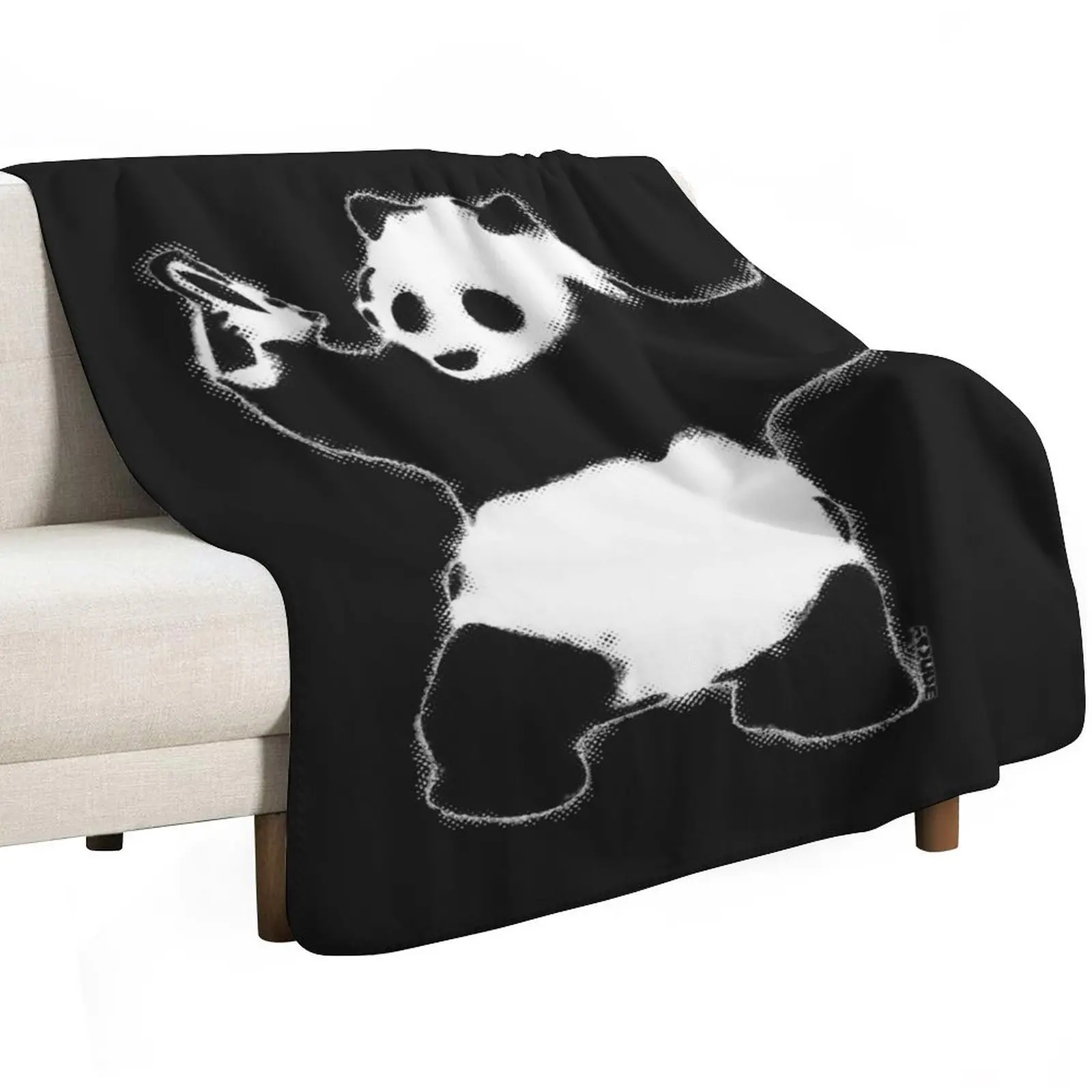 Banksy Panda with guns black and white grunge Graffiti Street art on black background HD HIGH QUALITY ONLINE STORE Throw Blanket