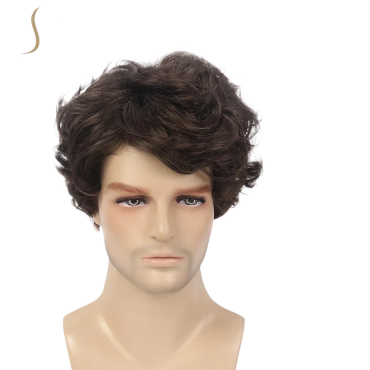 Brown Naturally Curled Men's Wig Men Wig with Synthetic Fiber Mechanism Fashionable Men's Short Hair Wig