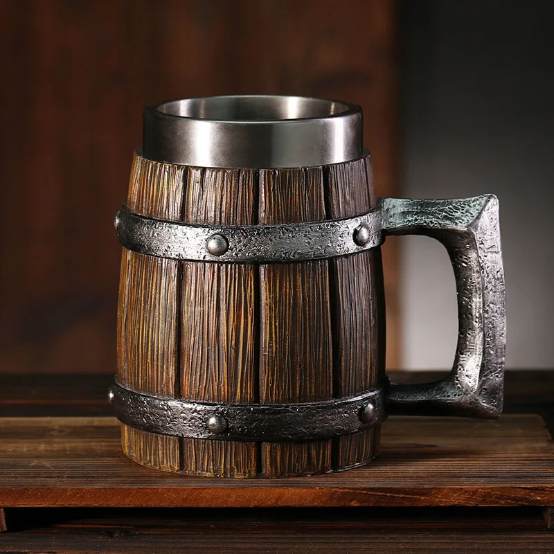 Jarra de Cerveza de Madera Vintage con Revestimiento de Acero Inoxidable, Jarra de Cerveza Estilo Vikingo Medieval Retro, Taza de Cerveza Aislada de Doble Pared