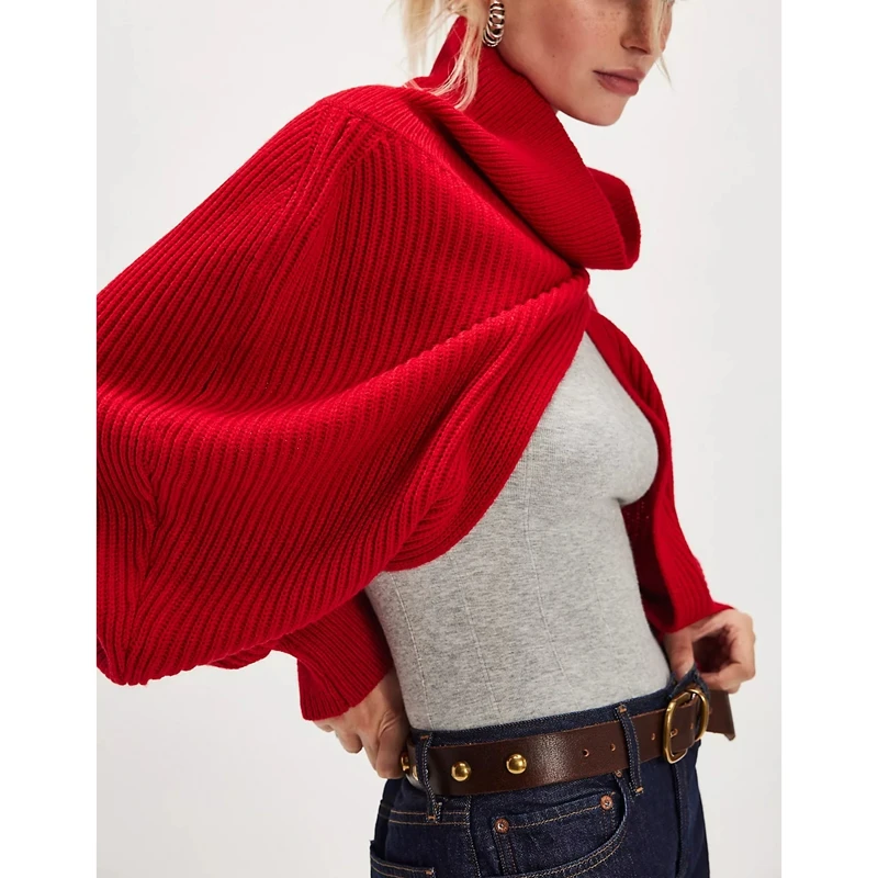 Women's Shrugs Knitwear Sweater Long Sleeve High Turtleneck Split Open Front Backless Pullover Knit Crop Bolero Tops