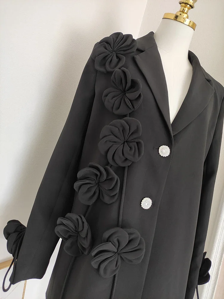 2024 Autumn New French Top Unique Design Temperament Fashionable Black Blazer Three-dimensional Flower Streamer Slim Suit Jacket