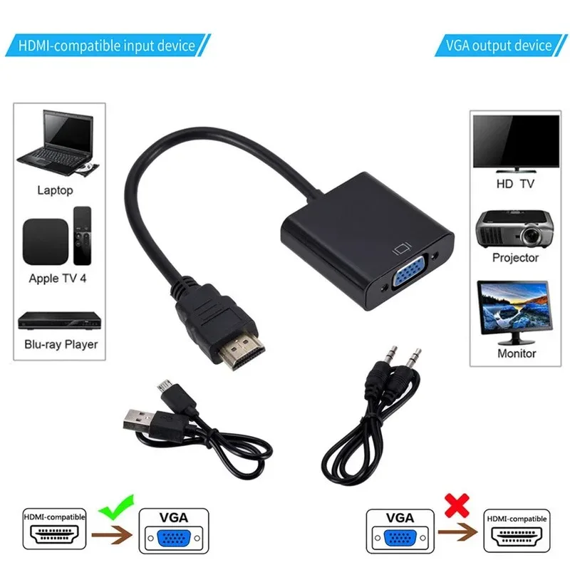 HDMI-Compatibe to VGA Adapter Male To Famale Converter 1080P Digital to Analog Video Audio For PC Laptop Tablet HDMI TO VGA