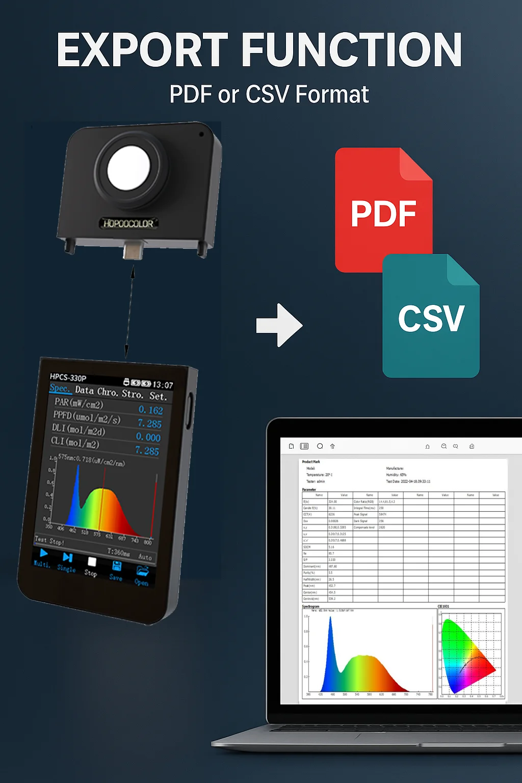 HPCS-330P Bluetooth PAR Meter – Portable Spectrometer for Indoor Grow Lights, Measures Full Spectrum, PPFD, Flicker