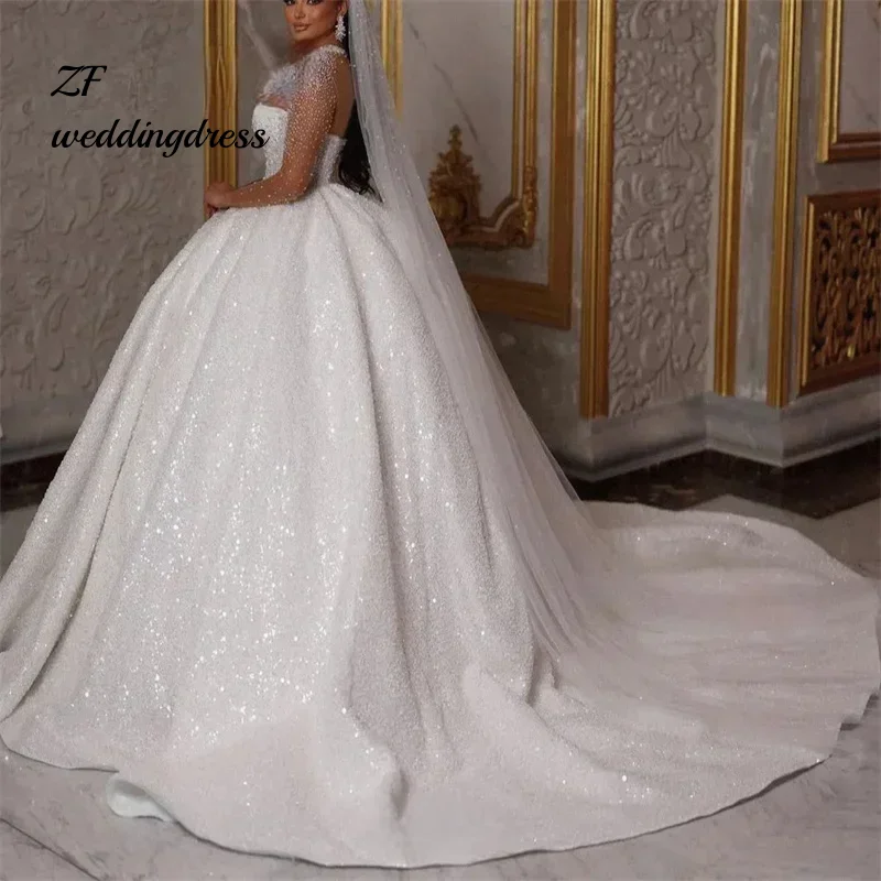 

Customized Sparkle African Wedding Dresses Luxury Ball Gown Glitter Beads Sequin Long Sleeves Sexy Bride Bridal Gown