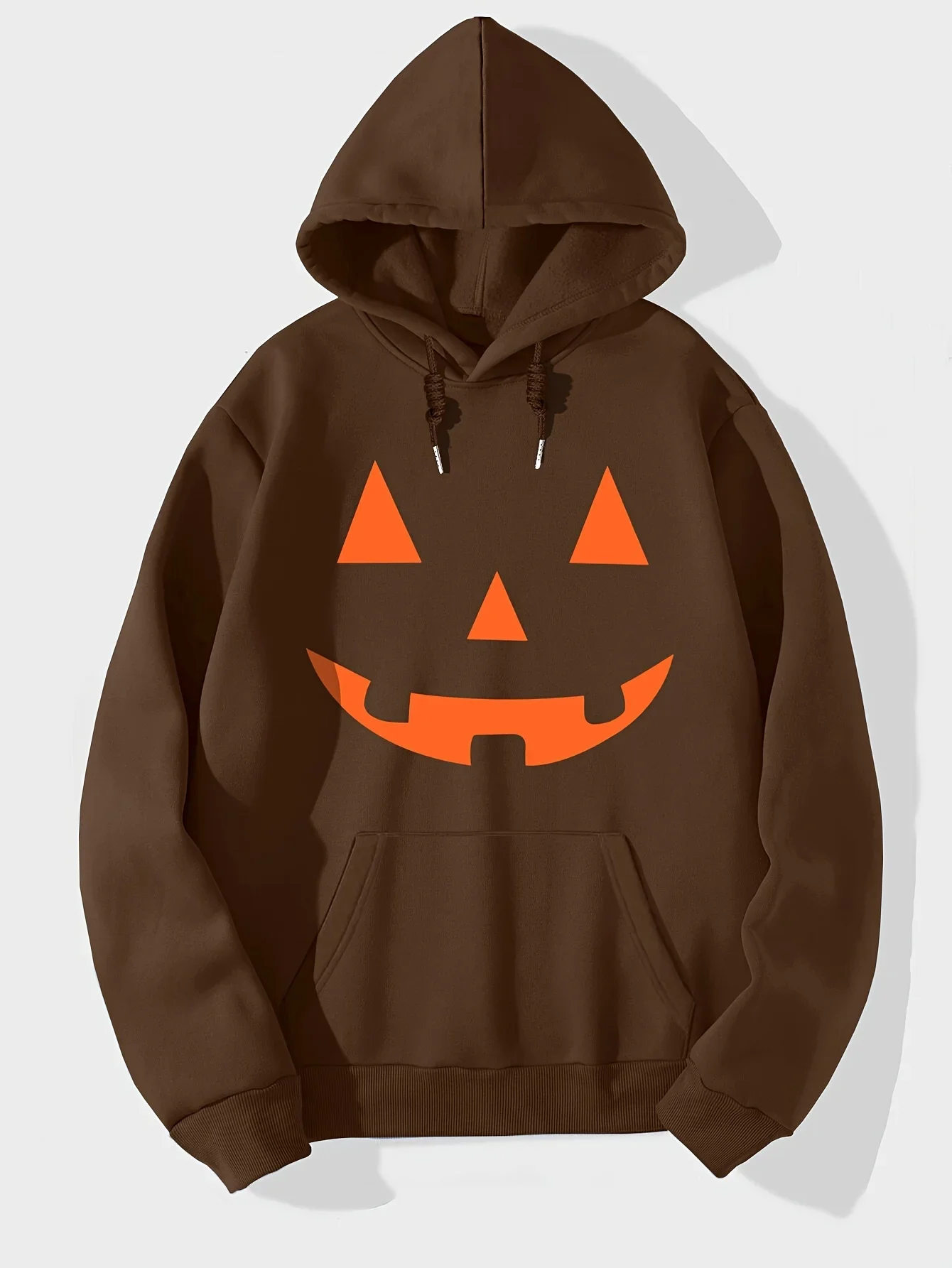 Retro Jack‑o'‑lantern Simple Pumpkin Face Front Print Hooded Sweatshirt Unisex Loose Fleece Pullover Halloween Party Casual