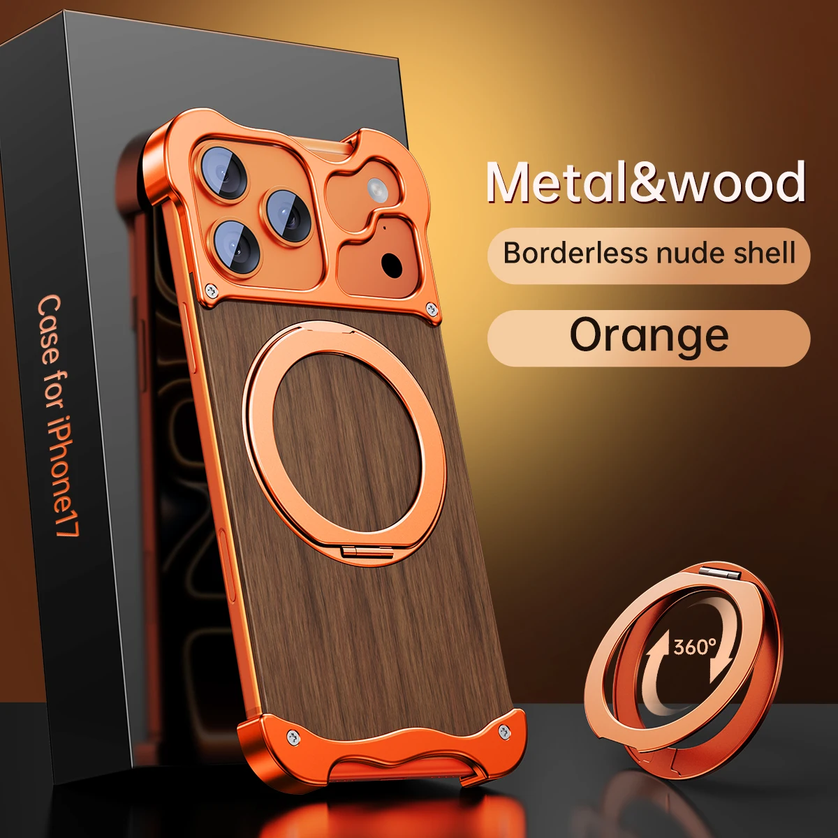 

360 Rotating Stand Metal Phone Case For Iphone 15 16 17 Pro Max Air Solid Wood Magnetic Irregular Aluminum Frameless Phone Cover