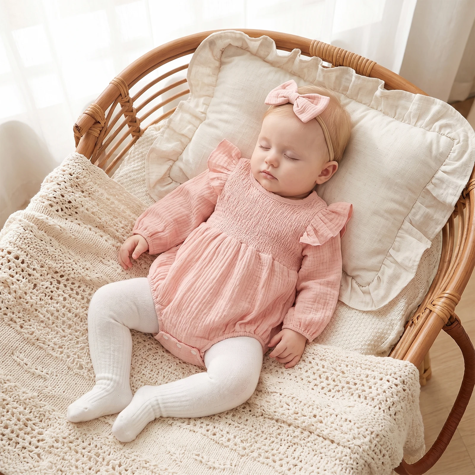 2 Pcs Infant Girl Fall Bodysuits Outfit Puff Long Sleeve Crew Neck Romper and Headband Set