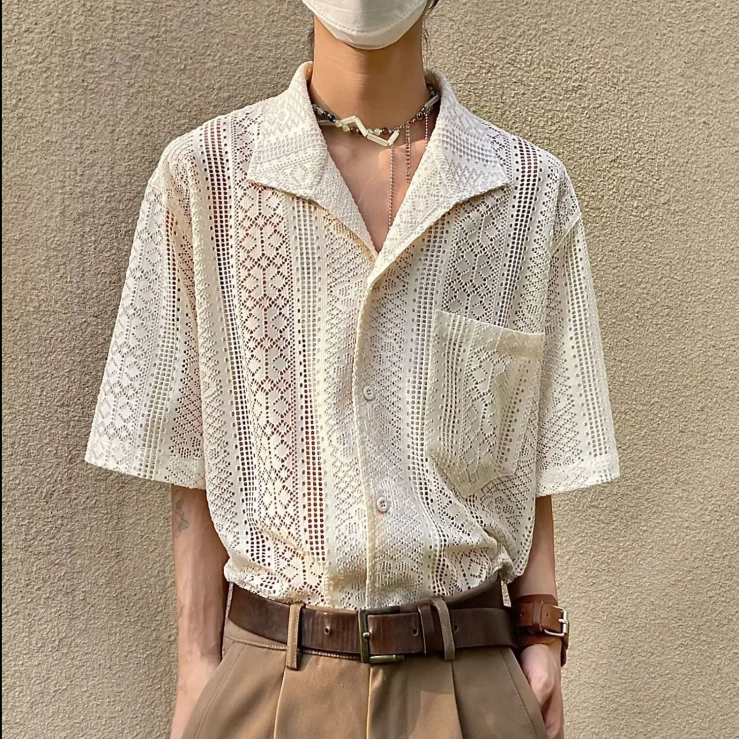 Summer Hollow Out Lace Shirts Men Niche Design Short Sleeve Blouse Trendy Breathable Beach Top Loose Casual Hawaiian Shirt