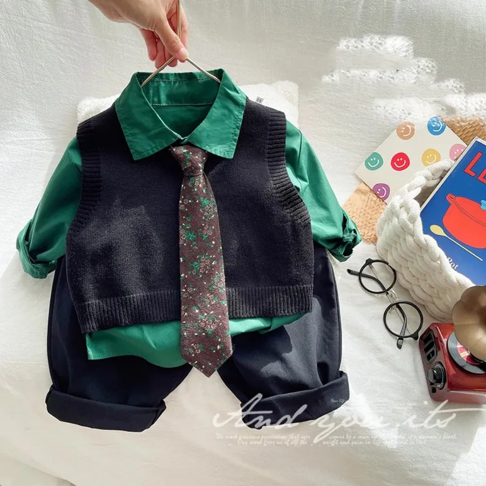 

Baby Boy's 3-Piece Sweater Set Spring and Autumn New Style College Style Children's Handsome Vest Shirt Pants Set