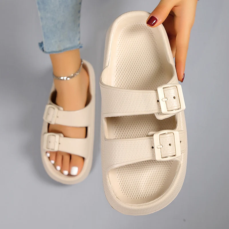 Summer Slippers Double Buckle Slide Sandals Women Couple Home Slides EVA Thick Sole Light Weight Flip Flops Bothe Shower Shoes