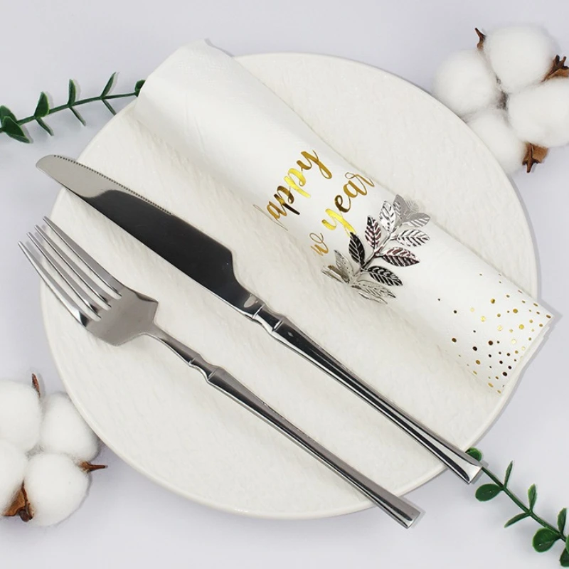 20 قطعة مناديل ورقية طويلة فاخرة للاستعمال مرة واحدة لتزيين طاولة حفلات عيد الميلاد ورأس السنة الجديدة، سنة جديدة سعيدة مختومة بالذهب #3