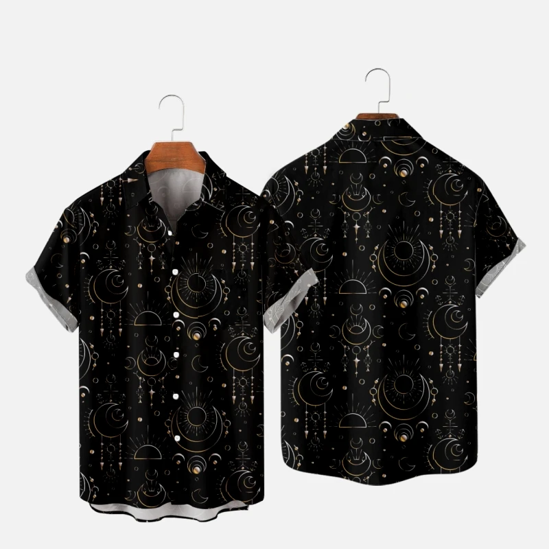 Camisetas hawaianas a la moda para hombre, camisas con estampado 3D de Luna y Estrella, informales y acogedoras, de un botón, de manga corta, ropa de playa de gran tamaño 7