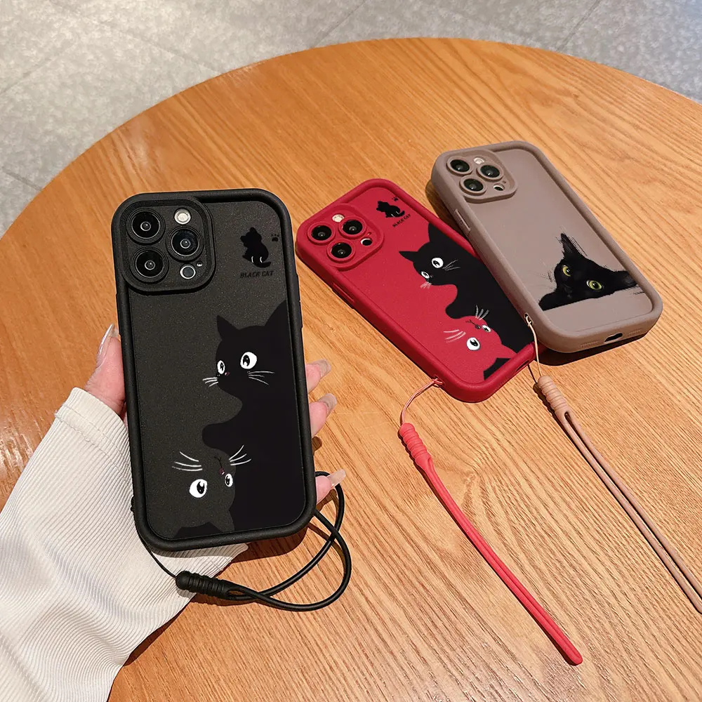 Cartoon Black Cat Phone Case for OPPO Realme 8 8i 7i 11 C11 C12 C15 C20 C21Y C31 C33 C35 C53 C55 C67 4G 5G Cover With Hand Strap