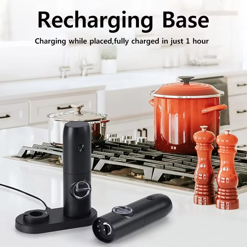 Electric Salt and Pepper Grinder Set with Charging Base and LED Light Adjustable Coarseness Automatic Spice Herb Mill image 3
