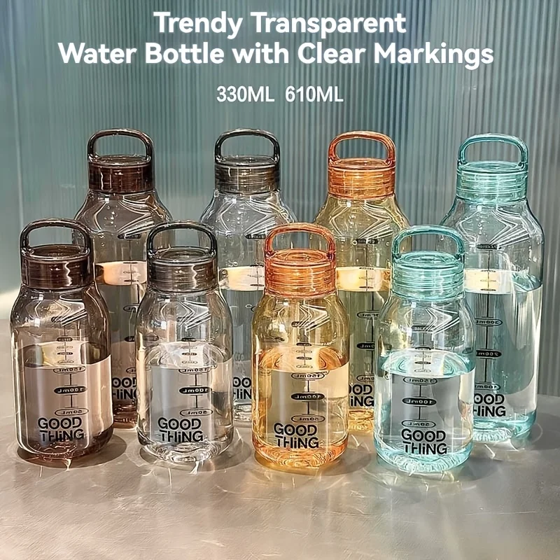 Japanese-style minimalist transparent polycarbonate water bottle, leak-proof, heat-resistant, portable, durable and stylish.