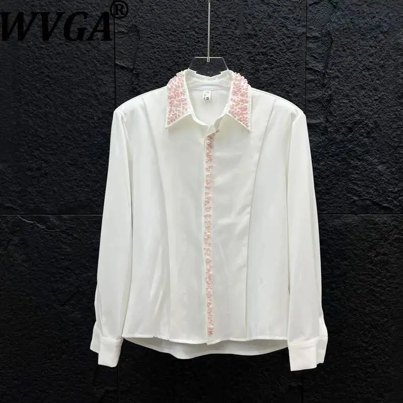WVGA Summer New Men High-end Light-luxury Heavy-duty Pearl Long Sleeved Shirt Unique Style Pleated Deconstructed Tops Ins W25242