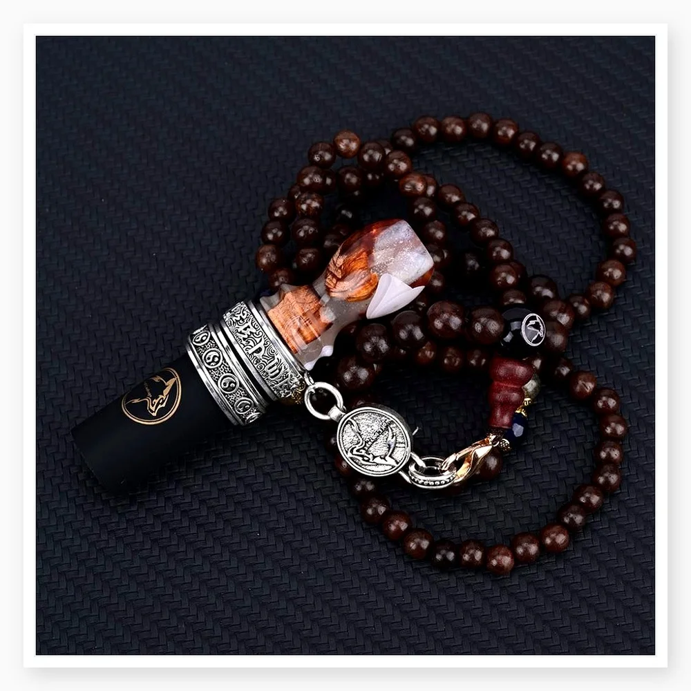 Wolfcoolvape Vintage Shisha Cigarette Holder with Stabilized Wood and Resin, Double Wheel Necklace Hookah in Bronze and Silver