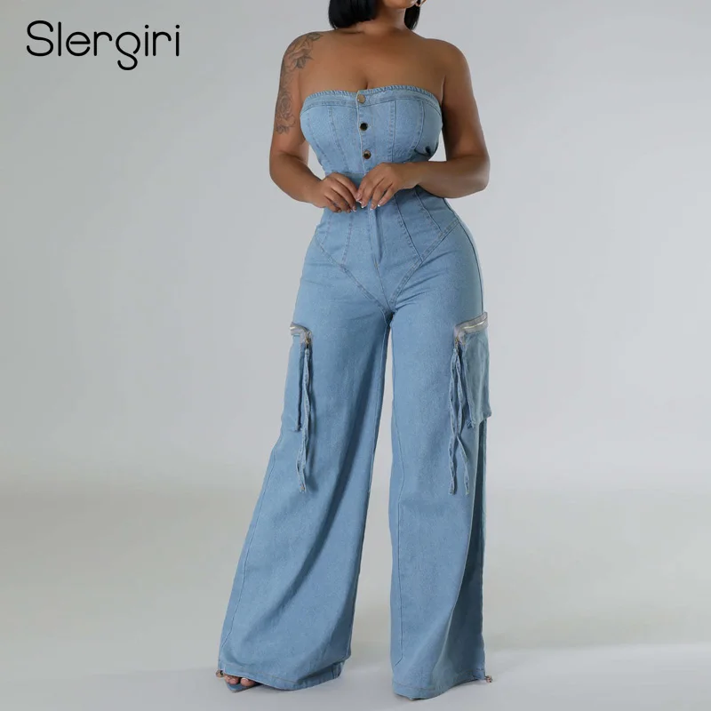 

Slergiri женский модный джинсовый комбинезон-карго на пуговицах спереди, сексуальный клубный уличный комбинезон с большим карманом и высокой талией, широкие комбинезоны