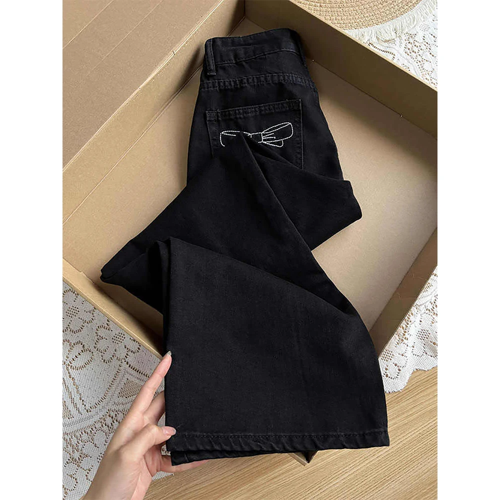 Oversized Black Straight Loose Jeans Women Spring Autumn High Waist Slim Wide Leg Denim Pants Female Bow Pocket Denim Pants