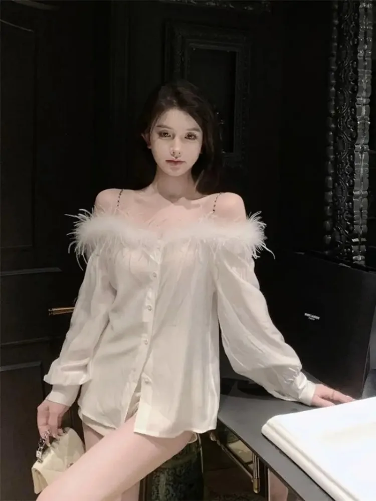 Off Shoulder Loose Tops Long Sleeve Chain Feather Shirts Blusas Mujer Y2k Spring White Shirt Women Sexy Chiffon Blouse Grunge