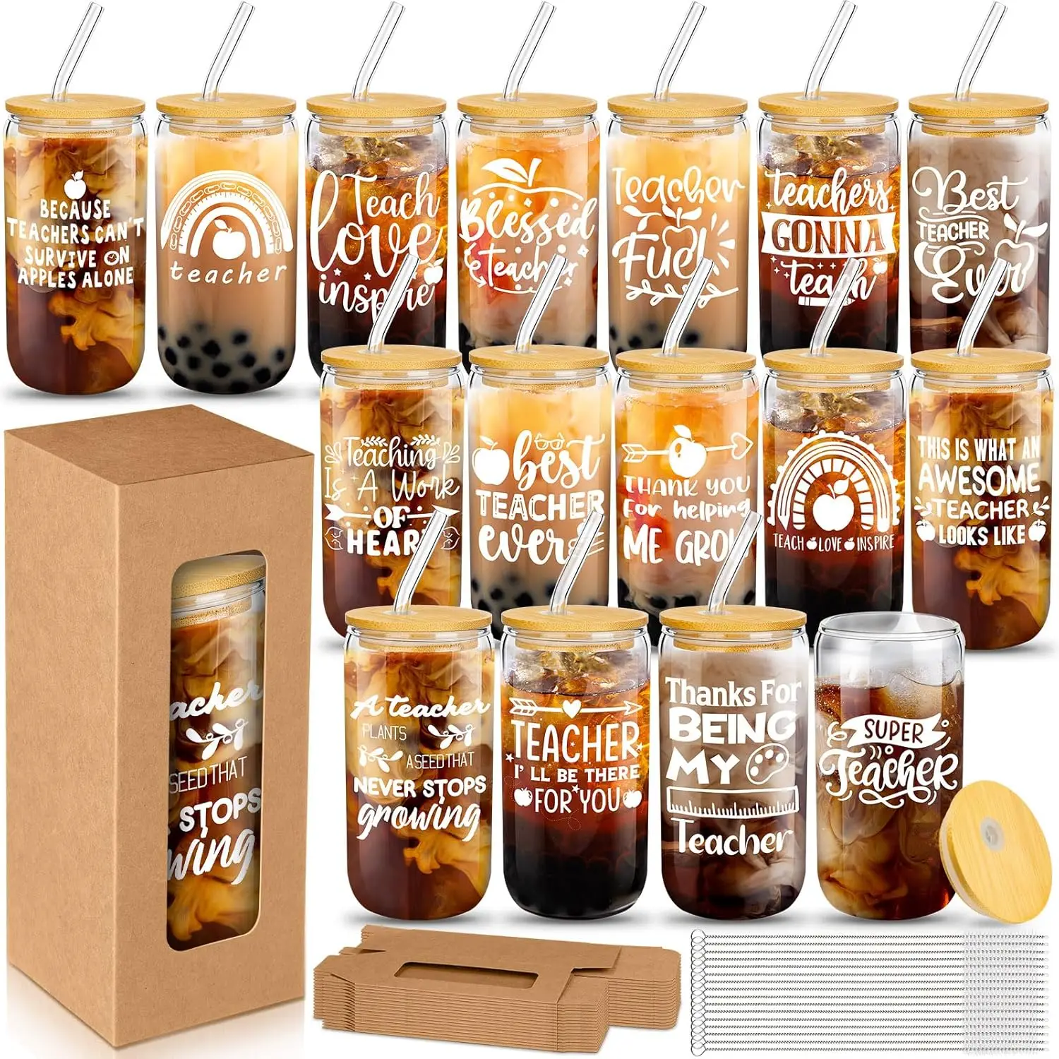 

16-Piece Glass Cup Gift Set for Teachers with Lids and Straws - Perfect for Appreciation, Graduation, and Holidays