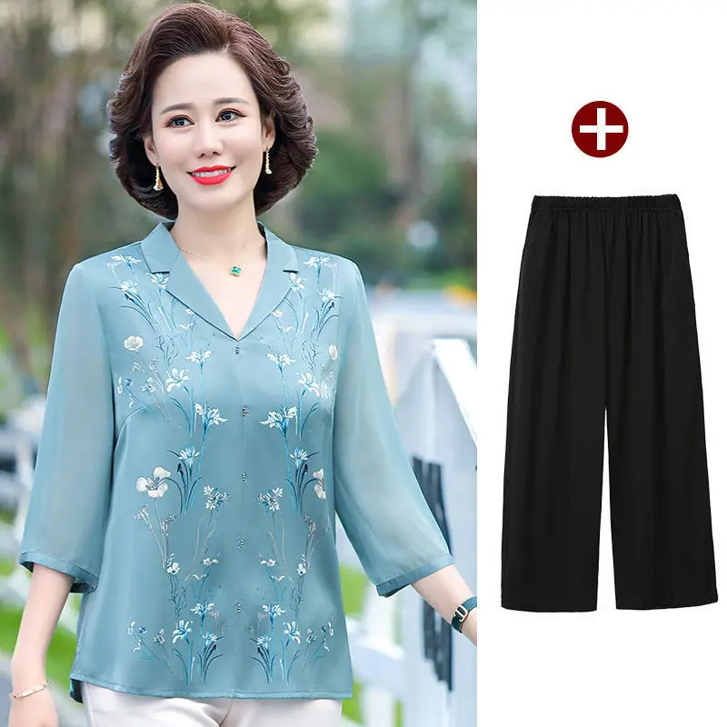 Middle-Aged Elderly Mother Suits Summer 3/4 Sleeve Lapel Shirt Pant Sets Printed Women 2 Piece Outfits Fashion Ensemble Femme