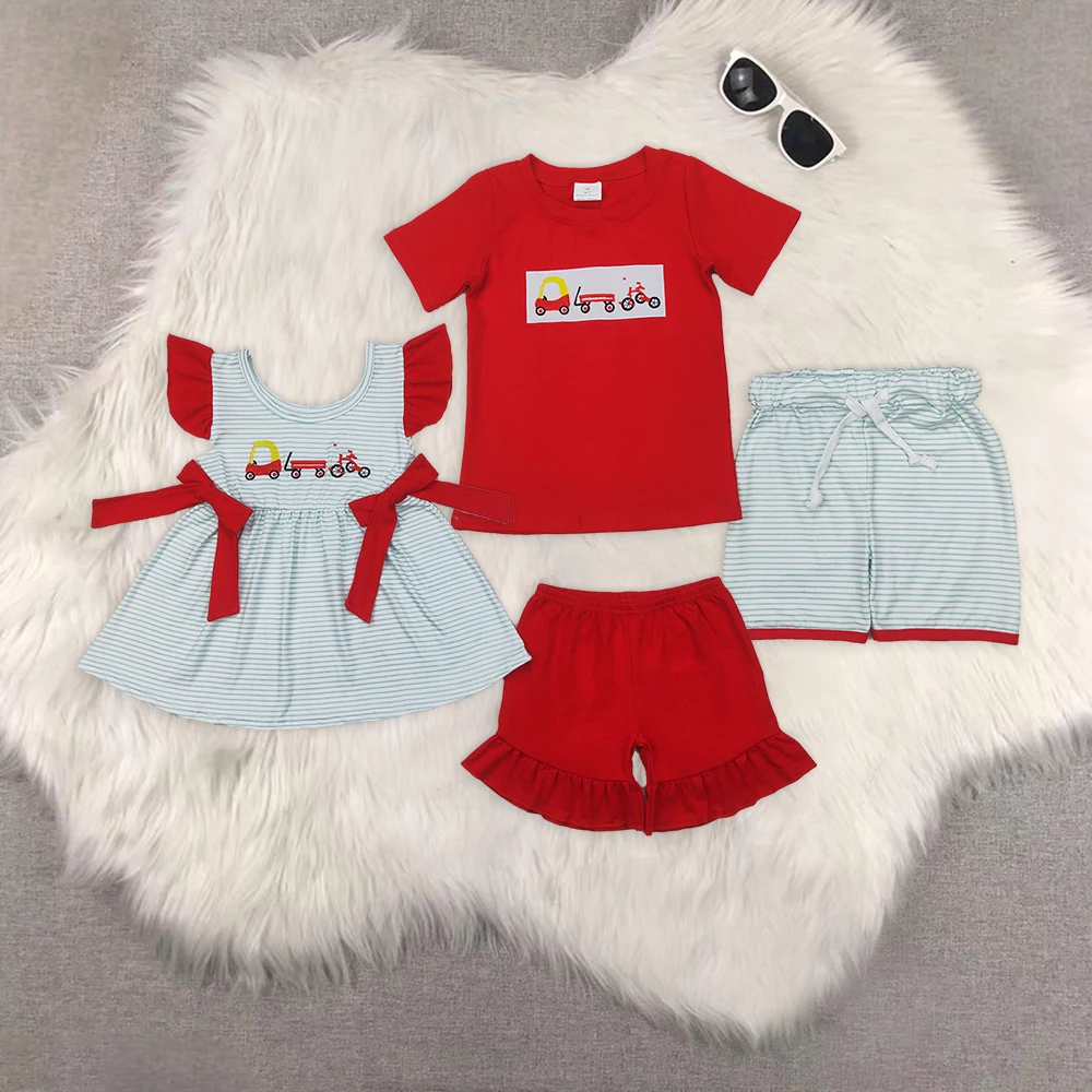 

Baby Girls Boys Summer Outfits Sibling Embroidery Truck Theme Clothes Sets Cute Children's Matching Apparel for Brothers And