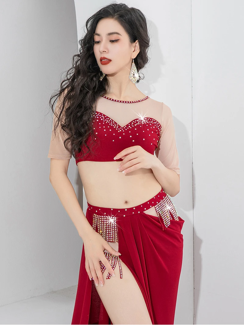 

Women Belly Dance Costume Bright Diamond Mesh Patchwork Slim Flared Pants Hot Diamond Tassel Luxury Practice Performance Outfit