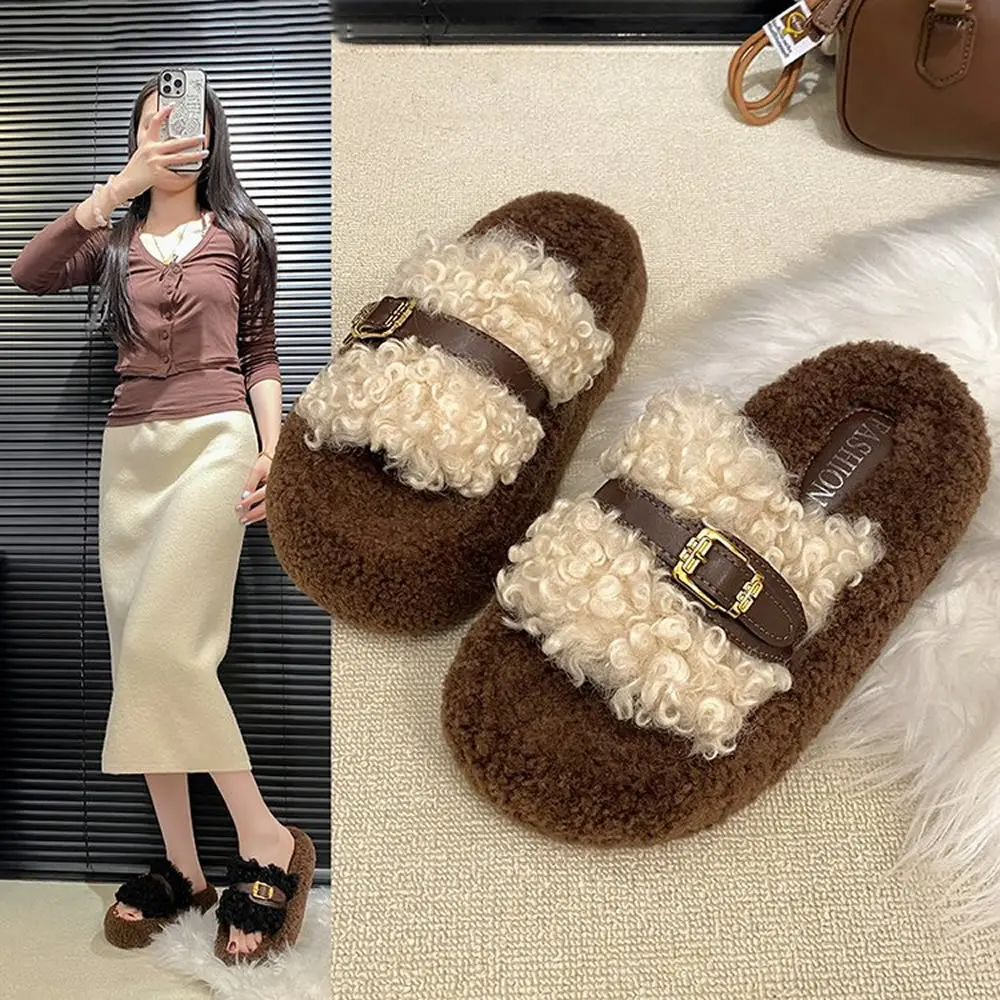 شباشب قطيفة سميكة القاع سهلة الارتداء مفتوحة من الأمام بتصميم كلاسيكي بإبزيم حزام خريفي وصل حديثًا شباشب سطحية مطاطية عصرية #4