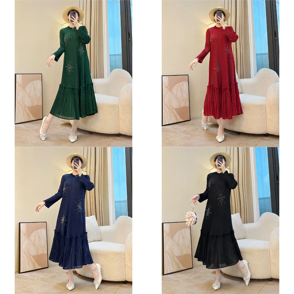 

Miyake Pleated 2025 Autumn Plus Size Dress with High-end Feel, Nail Bead Loose and Elegant Temperament, Women's Long Skirt
