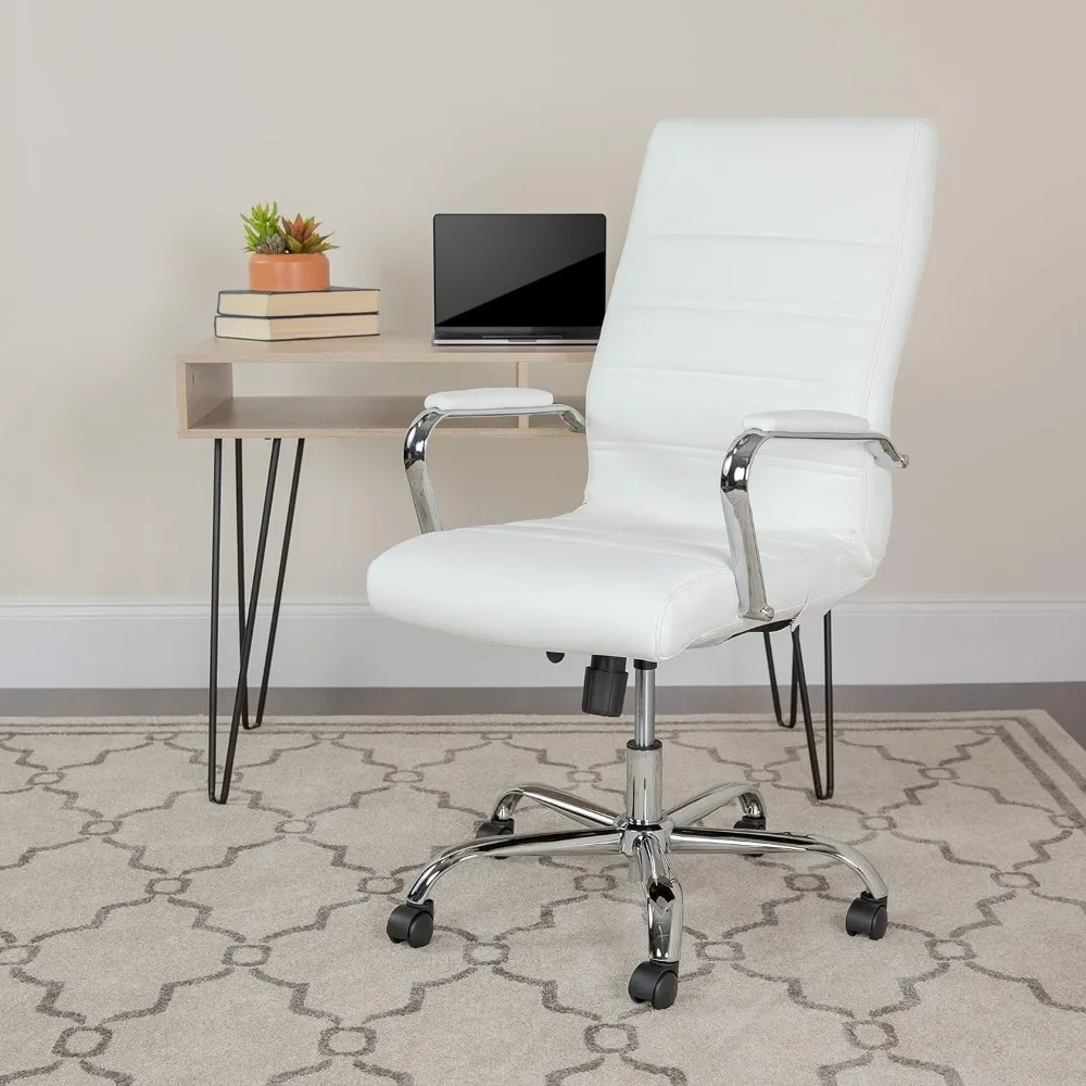 Office Desk Chair High Back Desk Chair - White Leather Soft Executive Swivel Office Chair with Chrome Frame - Swivel Armchair