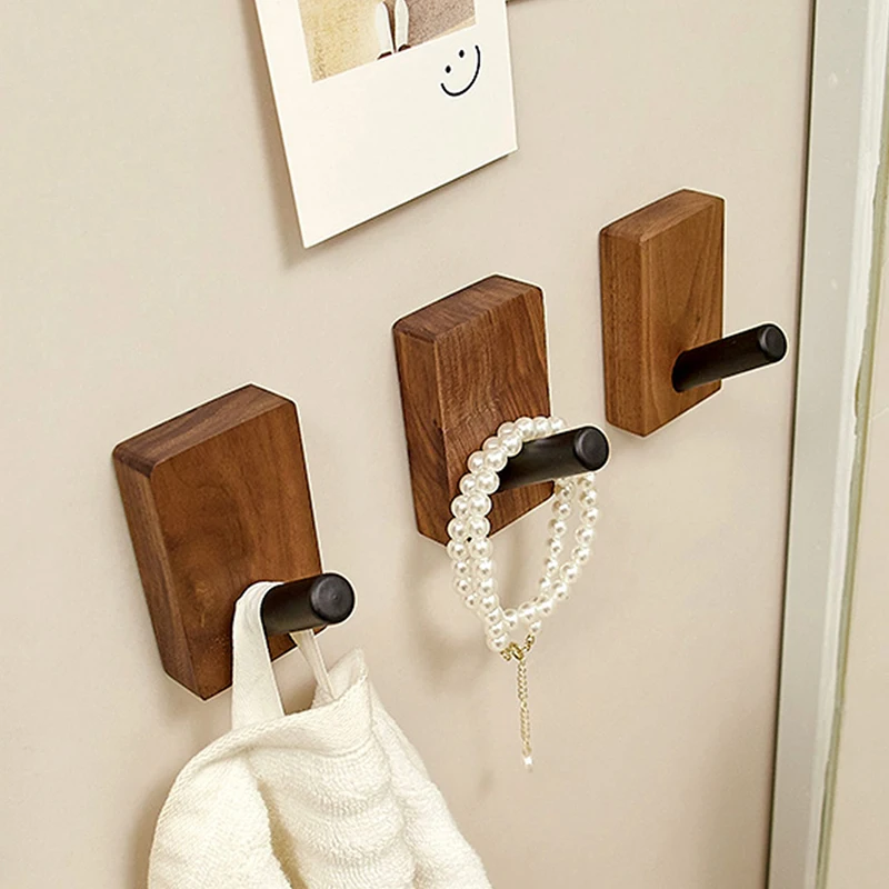 Walnut Wood Coat Rack Hooks  Black Wall Hangers for Hanging Keys, Clothes, Bathroom Robe and Towels  and Entryway， No Drilling