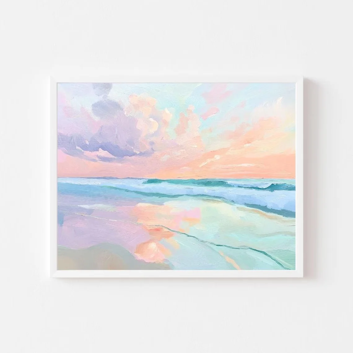Cotton Candy Sky Beach Wall Art - Ethereal Landscape Print of a Serene Shoreline, Blending Lavender, Peach and Mint Tones, Evoki