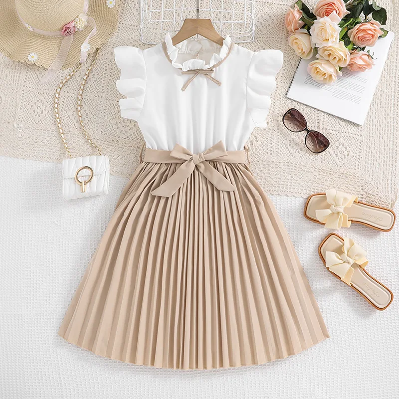 Kids Casual Dress for Girls Clothes Summer 2024 New Children Fashion Sleeveless Red High Waist Princess Dress with Belt 7-8Y