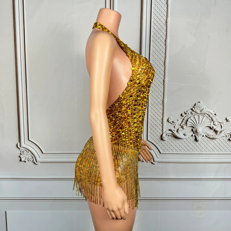 女性歌手パーティーフェスティバル衣装ゴールドラインストーンフリンジボディスーツナイトクラブ Dj Ds ポールダンス服ゴーゴー衣装 XS8863