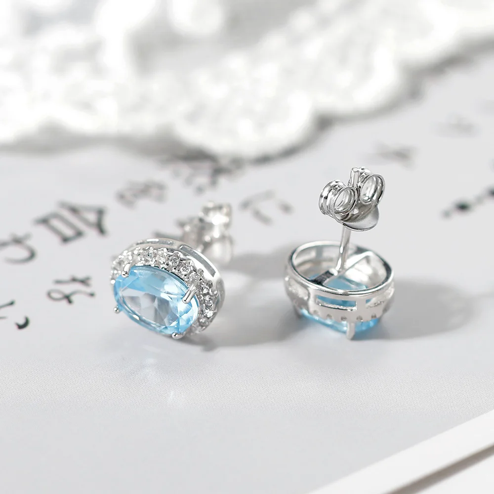 LAMOON Natural Topaz Earrings For Women Gemstone Earring Blue Stone 925 Sterling Silver White Gold Plated Wedding Jewelry EI020