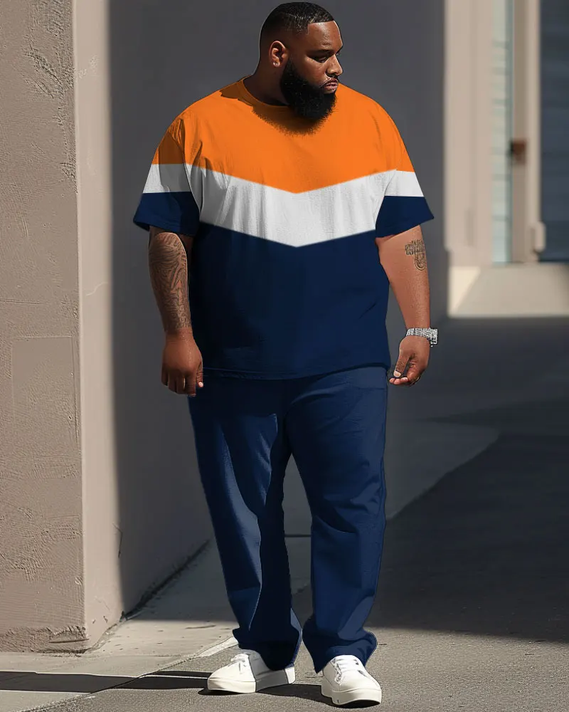 Biggmans L-9XL Plus Size T-Shirt Set Street Vitality Red And Black O-neck Short sleeved Pants Colorblock Print Large Men\'s Suit