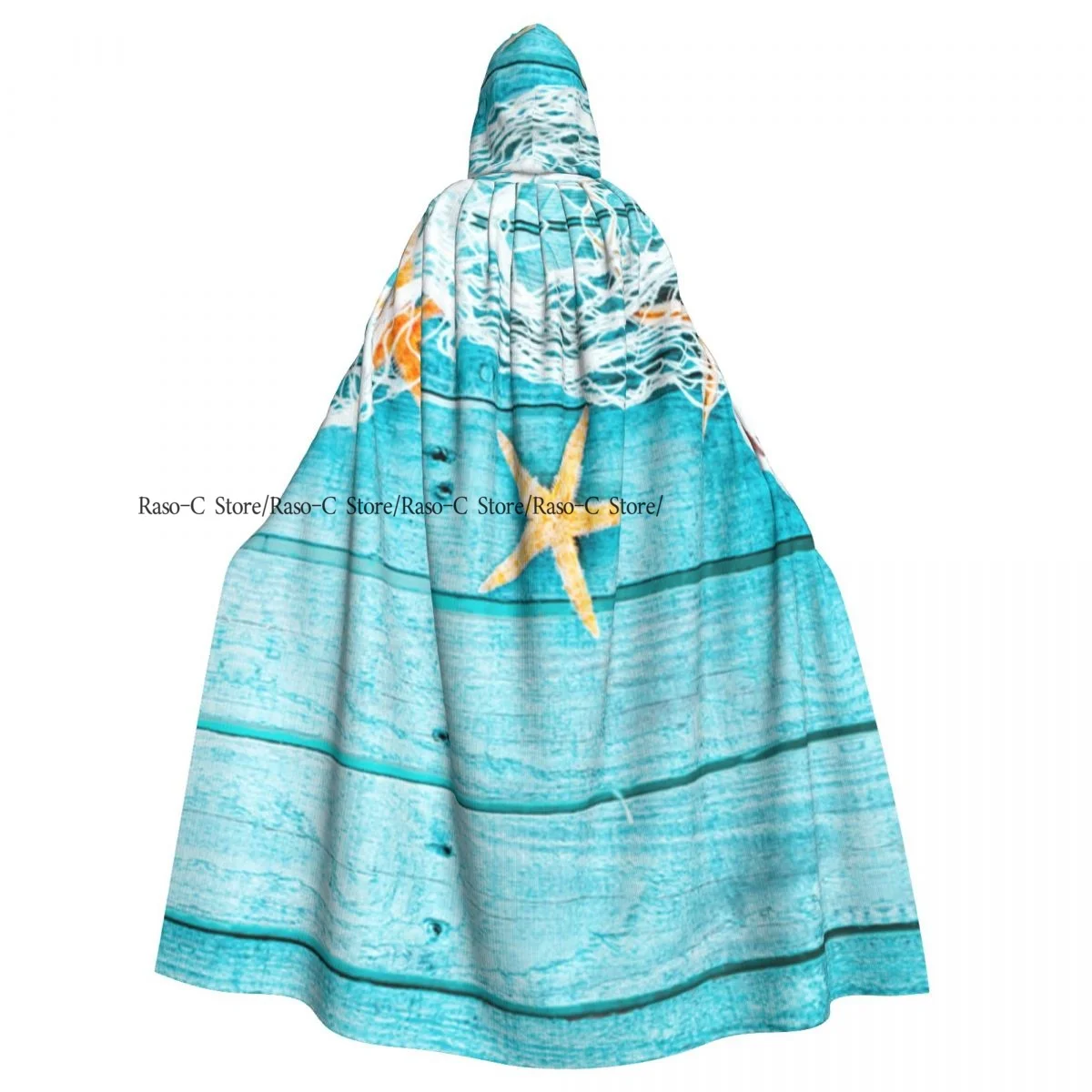 Rustic Wood Boards Fishing Net And The Ocean Animals Nautical Print Hooded Cloak Polyester Unisex Witch Cape Costume Accessory