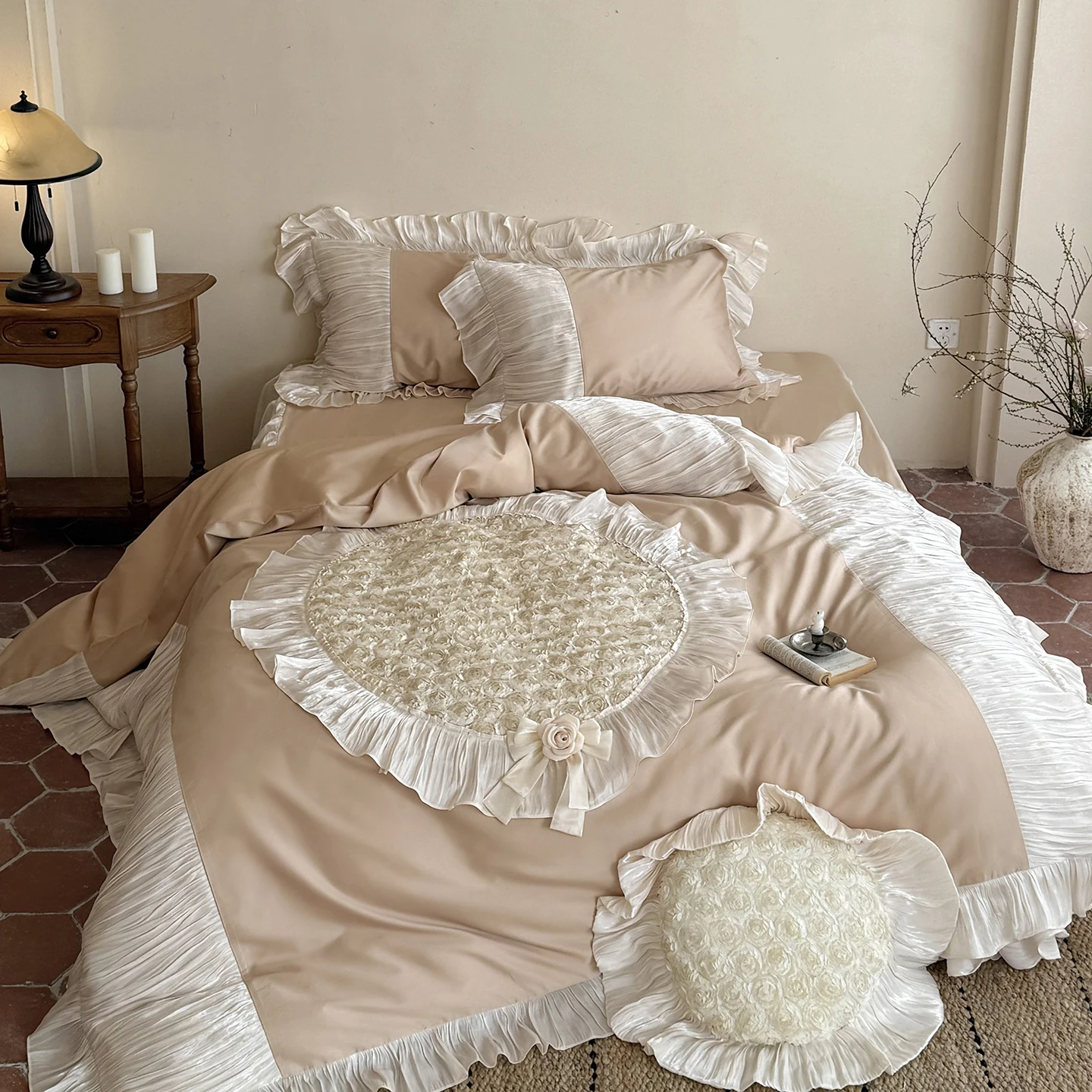 Raised Rose Embroidery Lace Ruffle Princess Bedding Set 1000TC Egyptian Cotton Duvet Cover Flat Sheet/Bed Skirt Pillowcases 4Pcs