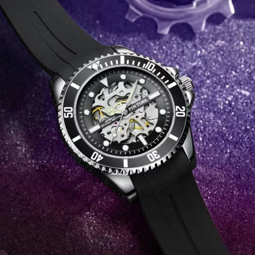 Luxury Skeleton Watch Men Automatic Mechanical Diver Style Black Silicone Strap Sport Waterproof Relogio Masculino New