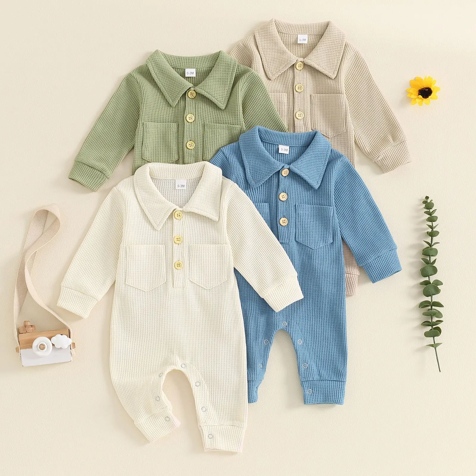 MILANCEL 2024 Autumn Baby Rompers Turn Down Collar Boys Clothing Waffle Jumpsuits Infant Outfit