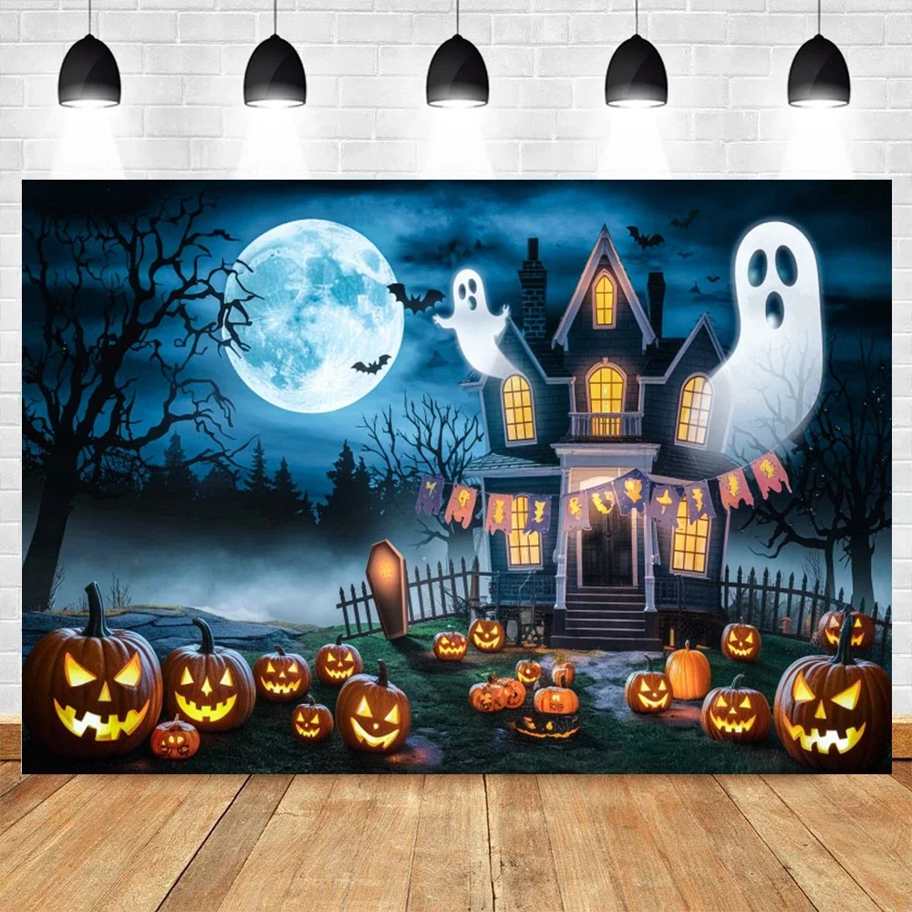 ハロウィンの森の背景満月城幽霊墓地不気味な写真撮影の背景ホラーパーティーの装飾写真ブース用