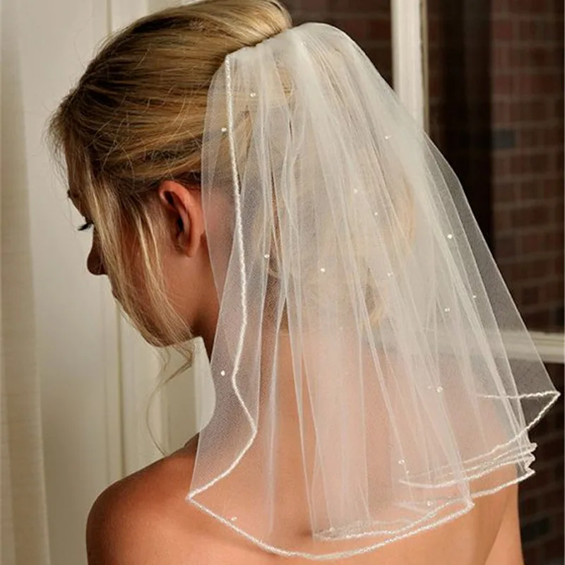 Velo da sposa con perline bianche, velo lungo spalla con bordo arrotolato a uno strato adatto per accessori per palline da sposa da donna