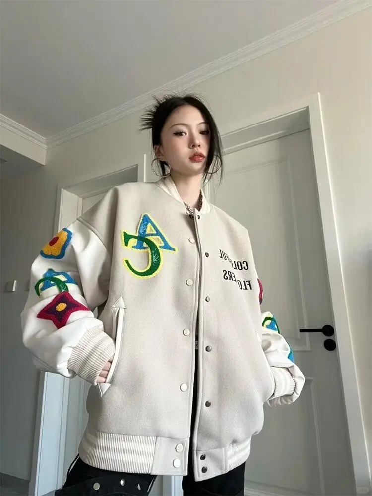 Retro American Embroidered Baseball Uniform Tide Ins Autumn And Winter Korean Version Of Loose Women\'s Jackets Sweet Coat Women