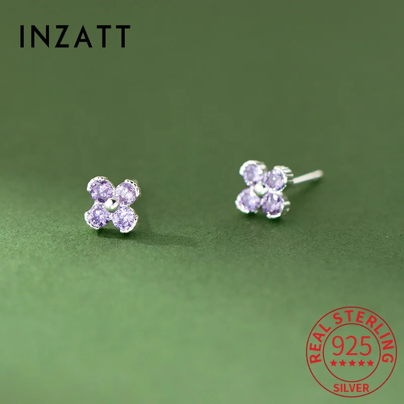

INZATT Real 925 Sterling Silver Zircon Clover Mini Stud Earrings for Women Cute Fine Jewelry Light Luxury Advanced Accessories