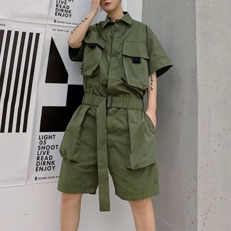 

2024 Summer New Men's Turn-down Collar Button Spliced Pockets Casual Slim Fashion Sashes Short Sleeve Cargo Overalls Shorts